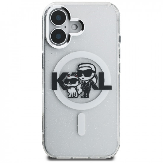 Karl Lagerfeld IML Glitter Karl &amp; Choupette Sketch Logo MagSafe Case for iPhone 16 transparent
