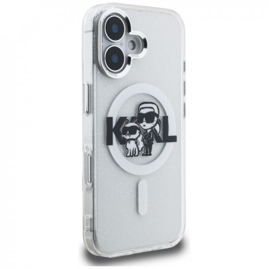 Karl Lagerfeld IML Glitter Karl &amp; Choupette Sketch Logo MagSafe Case for iPhone 16 transparent