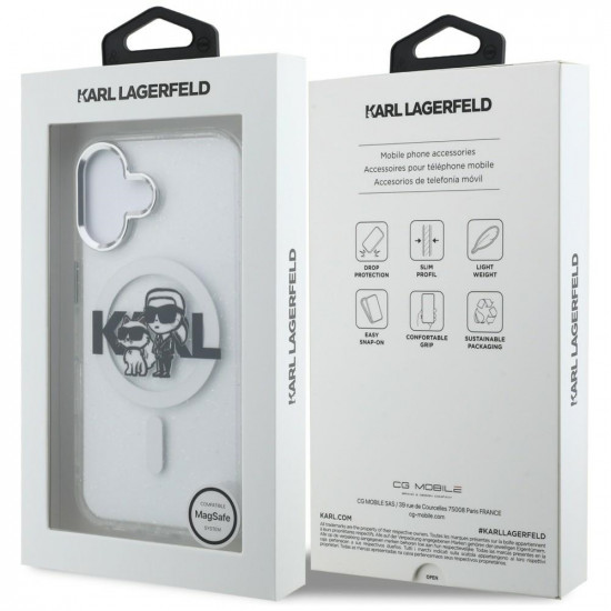 Karl Lagerfeld IML Glitter Karl &amp; Choupette Sketch Logo MagSafe Case for iPhone 16 transparent