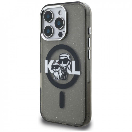 Karl Lagerfeld IML Glitter Karl &amp; Choupette Sketch Logo MagSafe Case for iPhone 16 Pro Black