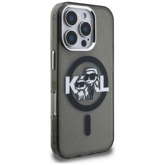 Karl Lagerfeld IML Glitter Karl &amp; Choupette Sketch Logo MagSafe Case for iPhone 16 Pro Black