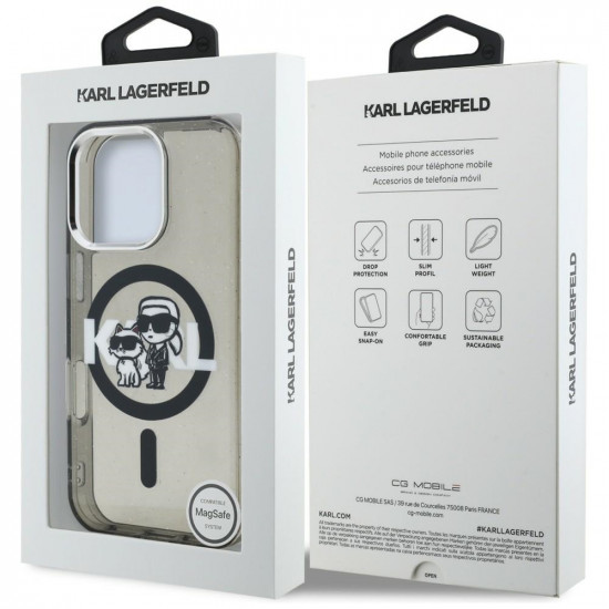 Karl Lagerfeld IML Glitter Karl &amp; Choupette Sketch Logo MagSafe Case for iPhone 16 Pro Black