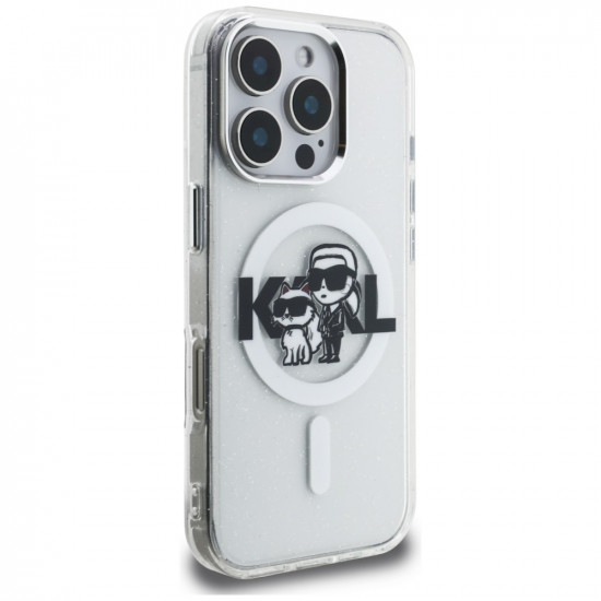 Karl Lagerfeld IML Glitter Karl &amp; Choupette Sketch Logo MagSafe Case for iPhone 16 Pro Max transpare