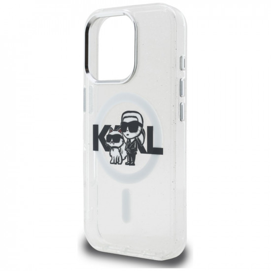 Karl Lagerfeld IML Glitter Karl &amp; Choupette Sketch Logo MagSafe Case for iPhone 16 Pro Max transpare