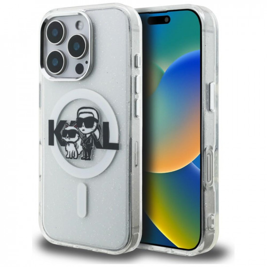 Karl Lagerfeld IML Glitter Karl &amp; Choupette Sketch Logo MagSafe Case for iPhone 16 Pro transparent