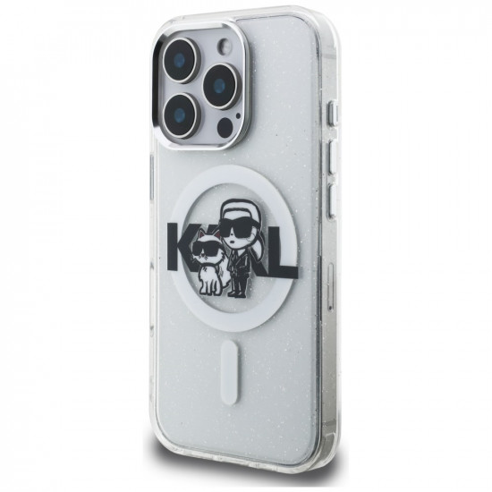 Karl Lagerfeld IML Glitter Karl &amp; Choupette Sketch Logo MagSafe Case for iPhone 16 Pro transparent