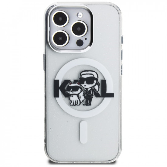 Karl Lagerfeld IML Glitter Karl &amp; Choupette Sketch Logo MagSafe Case for iPhone 16 Pro transparent