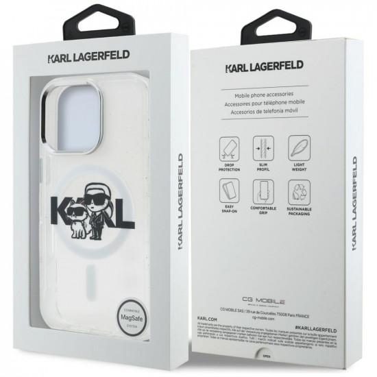 Karl Lagerfeld IML Glitter Karl &amp; Choupette Sketch Logo MagSafe Case for iPhone 16 Pro transparent