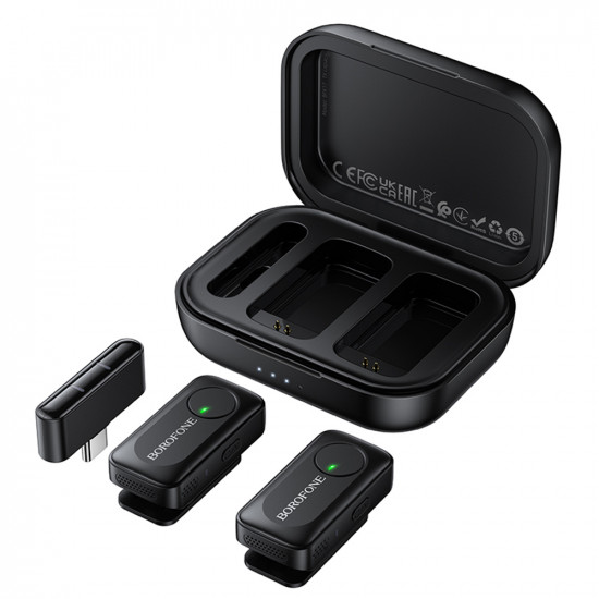 Borofone (2 pack) Wireless Lavalier Microphone Lemai (BFK17) USB C, Charging Case, Noise Cancelling, Omnidirectional Black