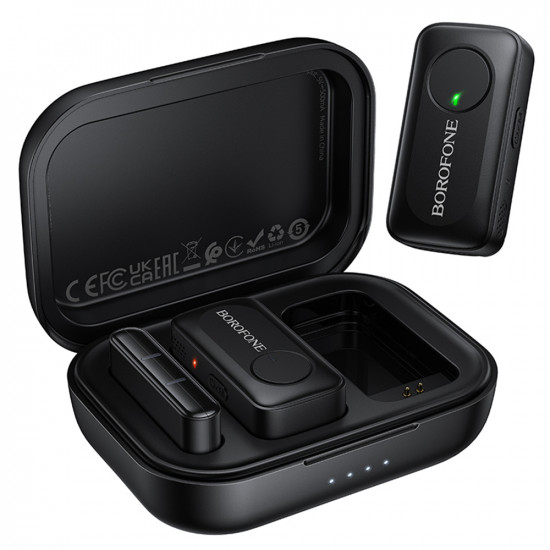 Borofone (2 pack) Wireless Lavalier Microphone Lemai (BFK17) USB C, Charging Case, Noise Cancelling, Omnidirectional Black