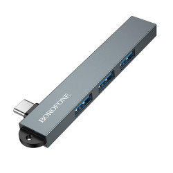 Borofone 4in1 Hub (FH1A) Type C to 3x USB 2.0, 1x USB 3.0, Aluminium Alloy, Plug&Play, up to 5Gbps Metal Gray