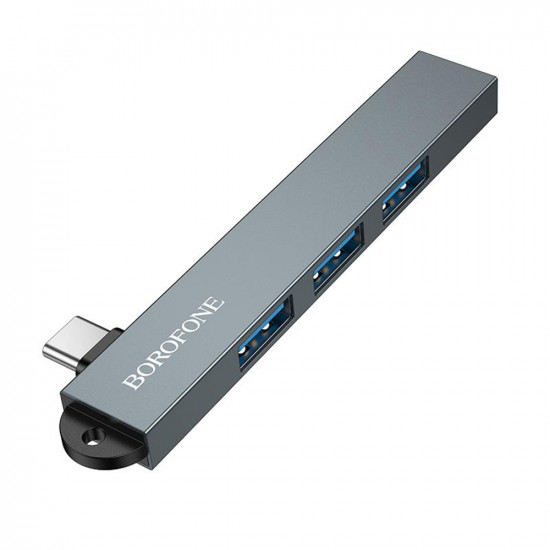 Borofone 4in1 Hub (FH1A) Type C to 3x USB 2.0, 1x USB 3.0, Aluminium Alloy, Plug&Play, up to 5Gbps Metal Gray