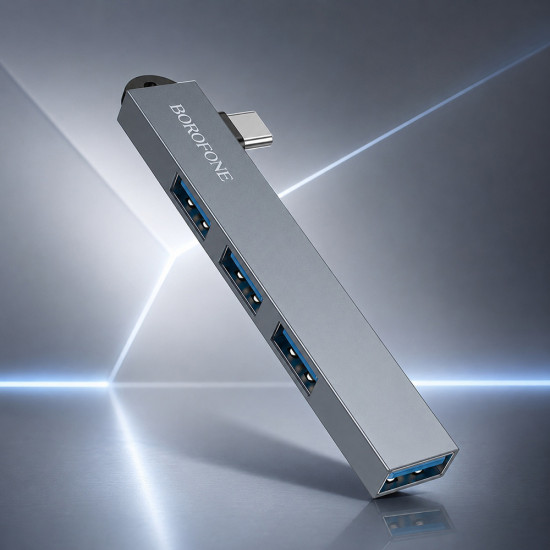 Borofone 4in1 Hub (FH1A) Type C to 3x USB 2.0, 1x USB 3.0, Aluminium Alloy, Plug&Play, up to 5Gbps Metal Gray