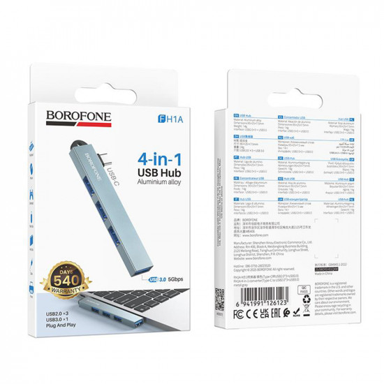 Borofone 4in1 Hub (FH1A) Type C to 3x USB 2.0, 1x USB 3.0, Aluminium Alloy, Plug&Play, up to 5Gbps Metal Gray