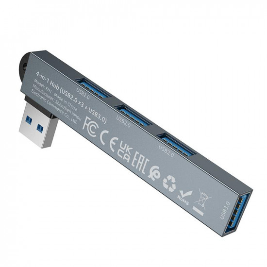 Borofone 4in1 Hub (FH1) USB to 3x USB 2.0, 1x USB 3.0, Aluminium Alloy, Plug&Play, up to 5Gbps Metal Gray