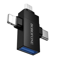 Borofone 3in1 Adapter (BV26D) USB 2.0 (F) to Lightning / Type C / Micro USB (M), Charging & Data Transfer, 1.5A Black