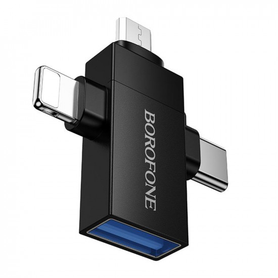 Borofone 3in1 Adapter (BV26D) USB 2.0 (F) to Lightning / Type C / Micro USB (M), Charging & Data Transfer, 1.5A Black