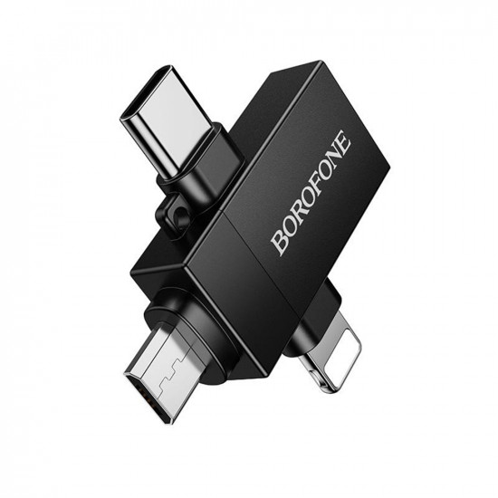 Borofone 3in1 Adapter (BV26D) USB 2.0 (F) to Lightning / Type C / Micro USB (M), Charging & Data Transfer, 1.5A Black
