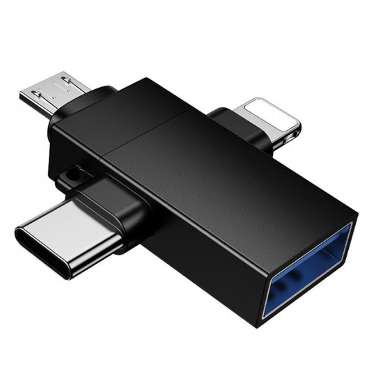 Borofone 3in1 Adapter (BV26D) USB 2.0 (F) to Lightning / Type C / Micro USB (M), Charging & Data Transfer, 1.5A Black