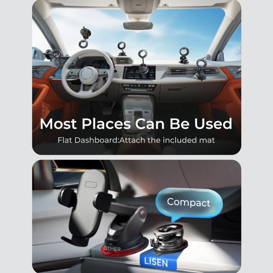 Lisen Car Holder (A608) Magnetic Grip, for Dashboard, Foldable, 360° Adjustable, with Larger Bottom Suction Cup Black