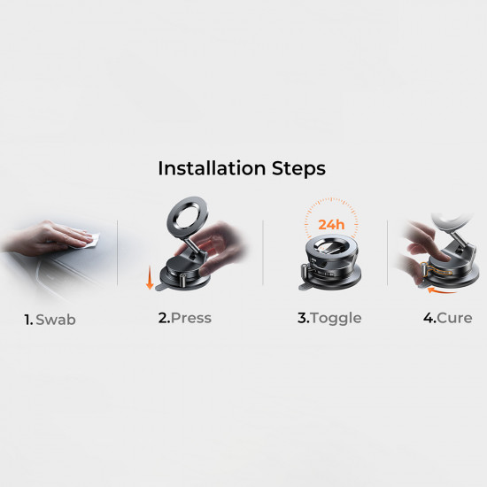 Lisen Car Holder (A608) Magnetic Grip, for Dashboard, Foldable, 360° Adjustable, with Larger Bottom Suction Cup Black