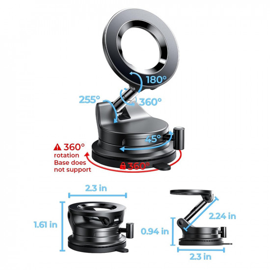 Lisen Car Holder (A608) Magnetic Grip, for Dashboard, Foldable, 360° Adjustable, with Larger Bottom Suction Cup Black