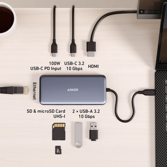 Anker Docking Station (A83830A2) HDMI, 2x USB, 2x USB C, Ethernet, SD/TF Card, 4K@60Hz, 10Gbps, PD85W Gray