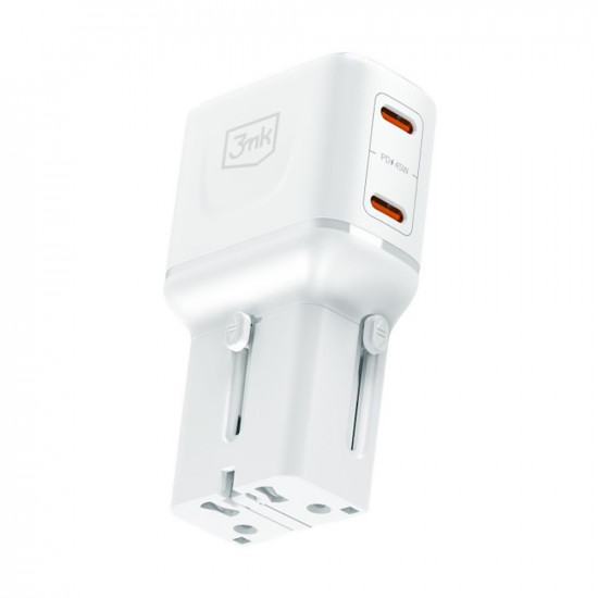 3mk Travel Adapter incharge® Globe US/EU/AUS/UK Sockets, 2x Type C, 45W GaN PD, QC4+ PPS SCP White
