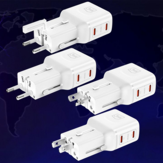 3mk Travel Adapter incharge® Globe US/EU/AUS/UK Sockets, 2x Type C, 45W GaN PD, QC4+ PPS SCP White