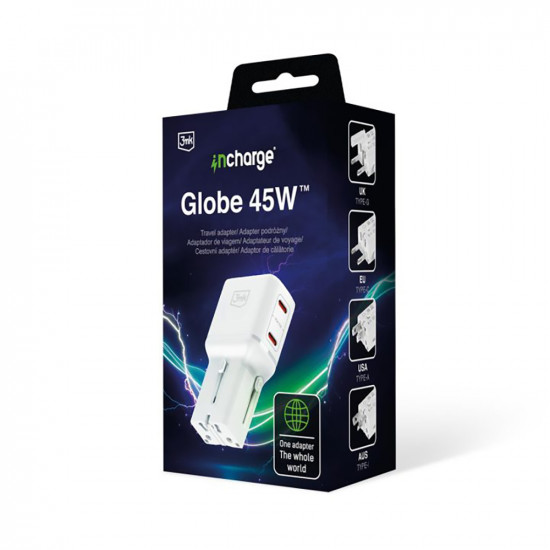 3mk Travel Adapter incharge® Globe US/EU/AUS/UK Sockets, 2x Type C, 45W GaN PD, QC4+ PPS SCP White
