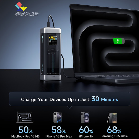 Cuktech Power Bank P23 (CUK00P23GLBK) with Type C Cable, 2x USB C, USB, 210W, 25000mAh, 1.54" TFT Screen Gray