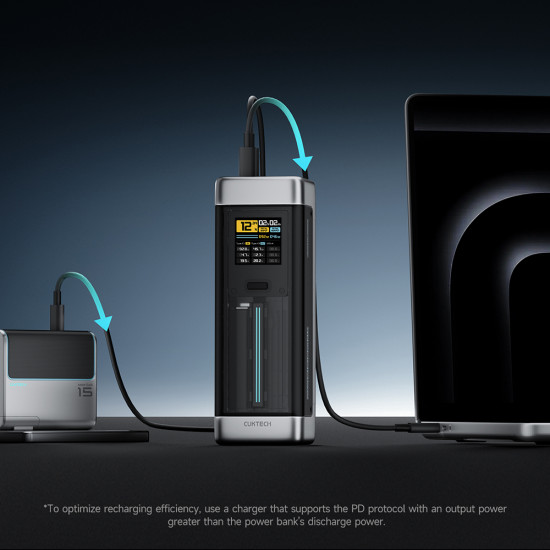 Cuktech Power Bank P23 (CUK00P23GLBK) with Type C Cable, 2x USB C, USB, 210W, 25000mAh, 1.54" TFT Screen Gray