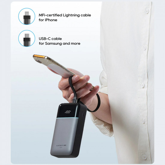 Cuktech Power Bank LPB200NL (CKB200NLGLGY) with Built in Type C and Lightning Cable, Display, 40W, 20000mAh Grey