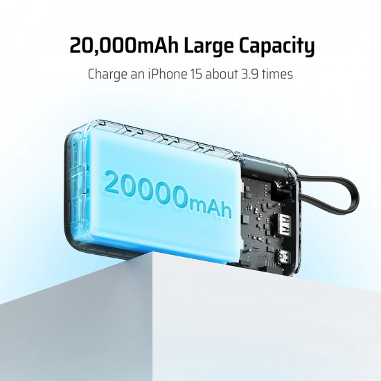 Cuktech Power Bank LPB200N (CUKP200NGLLG) with Built in Cable, USB, Type C, Lightning, LED Display, 20000mAh, 45W White