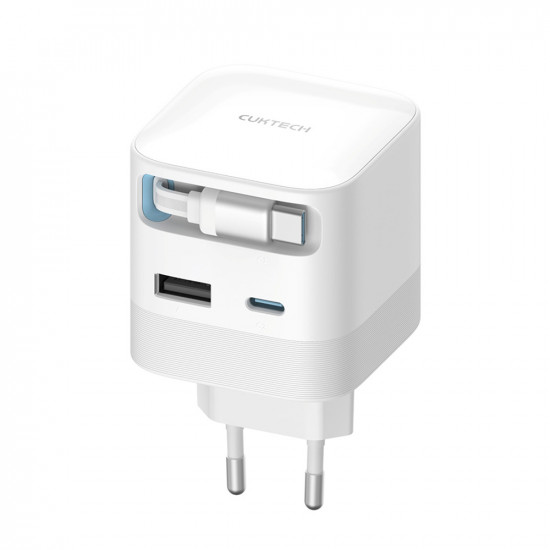 Cuktech Wall Charger AD653W (CUKA653WEUWT) with Retractable USB C Cable, USB C, USB, 67W, GaN Technology, 0.7m White