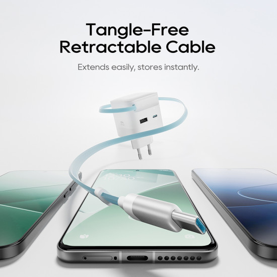Cuktech Wall Charger AD653W (CUKA653WEUWT) with Retractable USB C Cable, USB C, USB, 67W, GaN Technology, 0.7m White