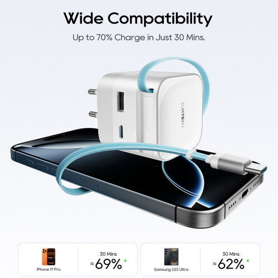 Cuktech Wall Charger AD653W (CUKA653WEUWT) with Retractable USB C Cable, USB C, USB, 67W, GaN Technology, 0.7m White