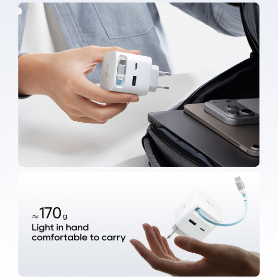 Cuktech Wall Charger AD653W (CUKA653WEUWT) with Retractable USB C Cable, USB C, USB, 67W, GaN Technology, 0.7m White