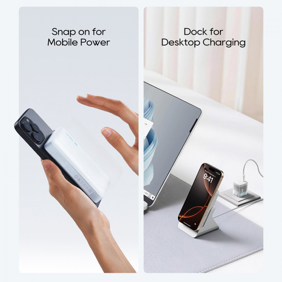 Cuktech Magnetic Wireless Power Bank WPB100N (CKWPB100NGLGR) with 2in1 Stand, Type C Input 20W, 10000mAh, Dual NTC White